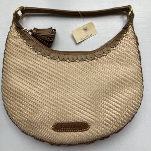 Cole Haan Sarah Straw Handbag SP06 Woven Purse Peter Tassel Brown Beige - Small